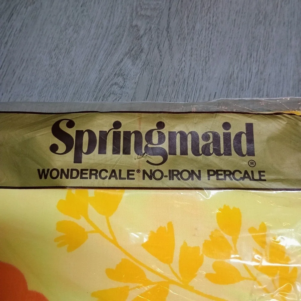 Springmaid Wonderscale No Iron Percale Yellow Floral Retro Vtg Double Flat Sheet